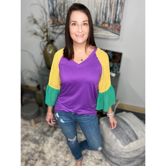 Mardi Gras Color Block Swiss Dot Flutter Bell Sleeves V Neck Tie Bottom 0724 - Picture 14 of 17